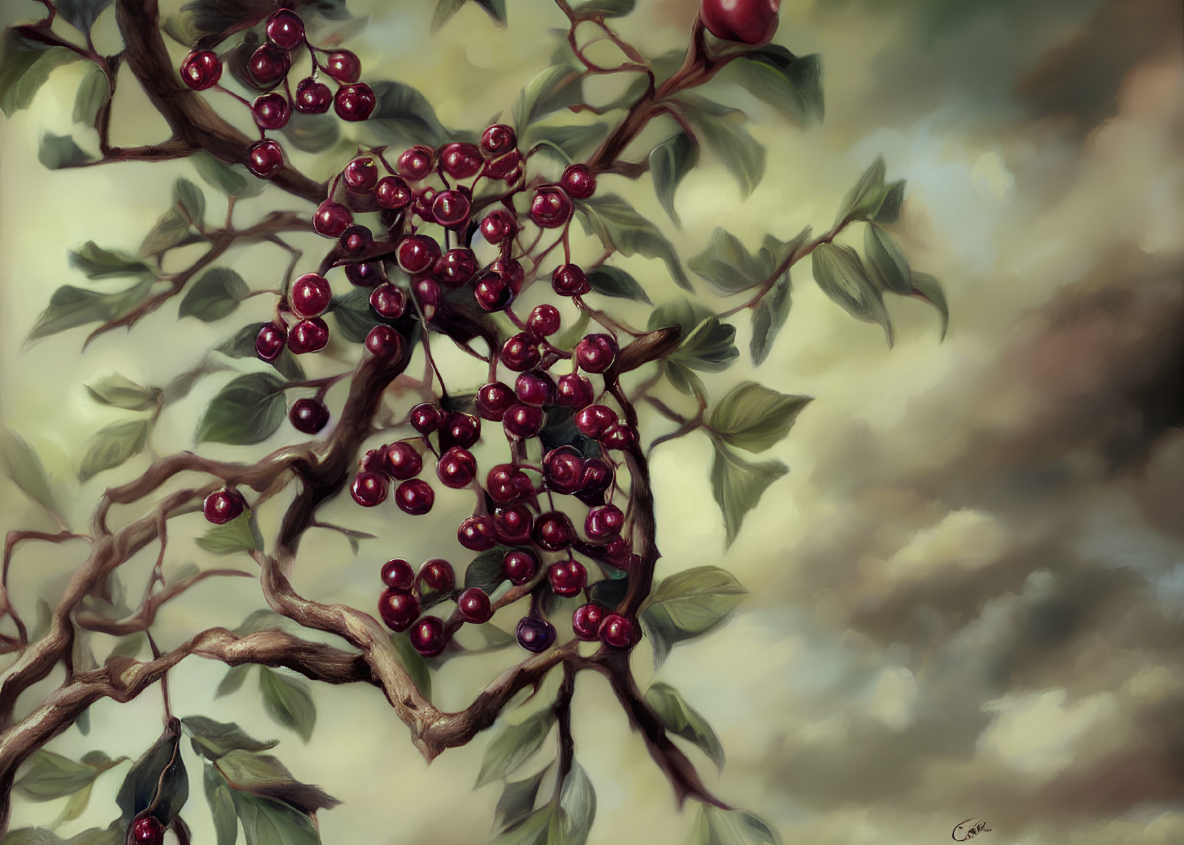 Detailed Painting of Ripe Cherry Tree Branch