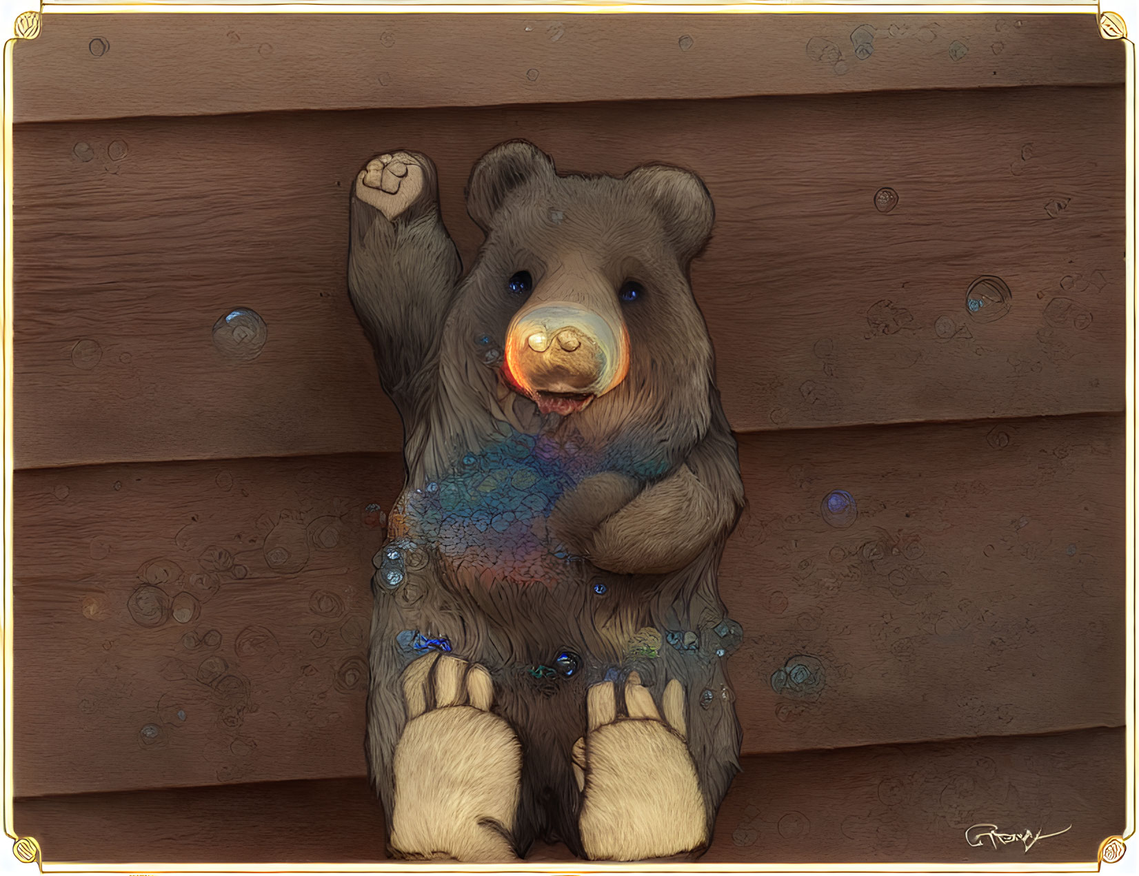 Illustrated bear playing with soap bubbles on wooden background