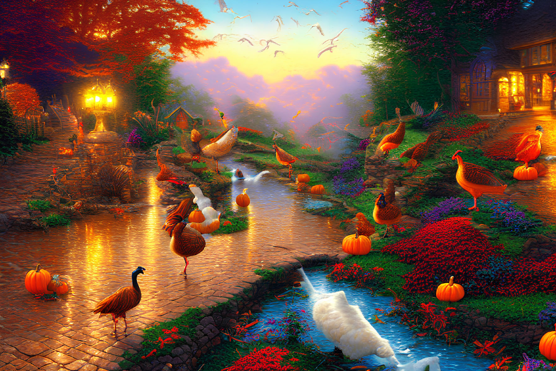 Colorful Countryside Scene with Birds, Stream, Pumpkins, Cobblestone Path, and Cottage