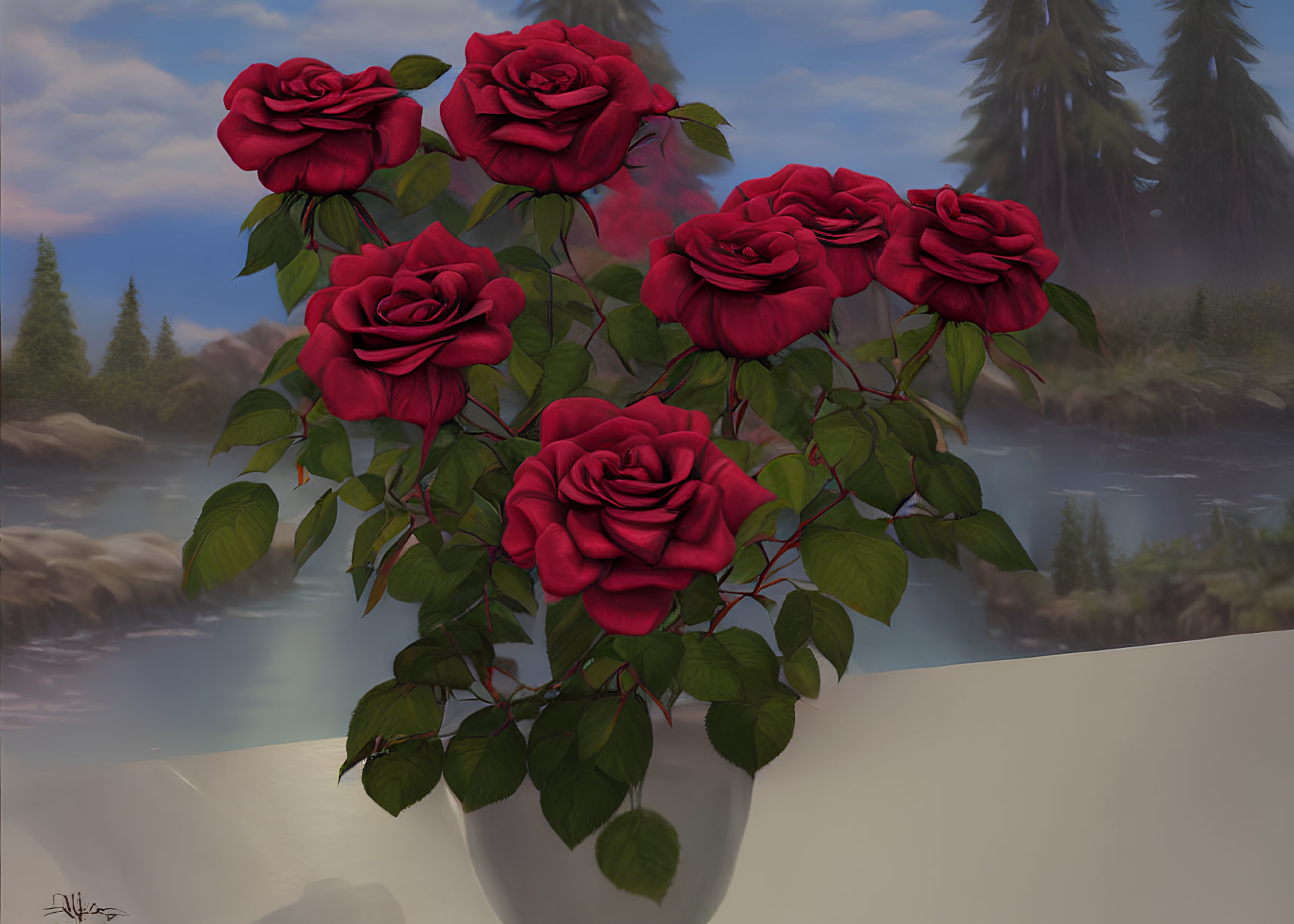 Digital painting of vibrant red roses in a vase against forest and lake backdrop.