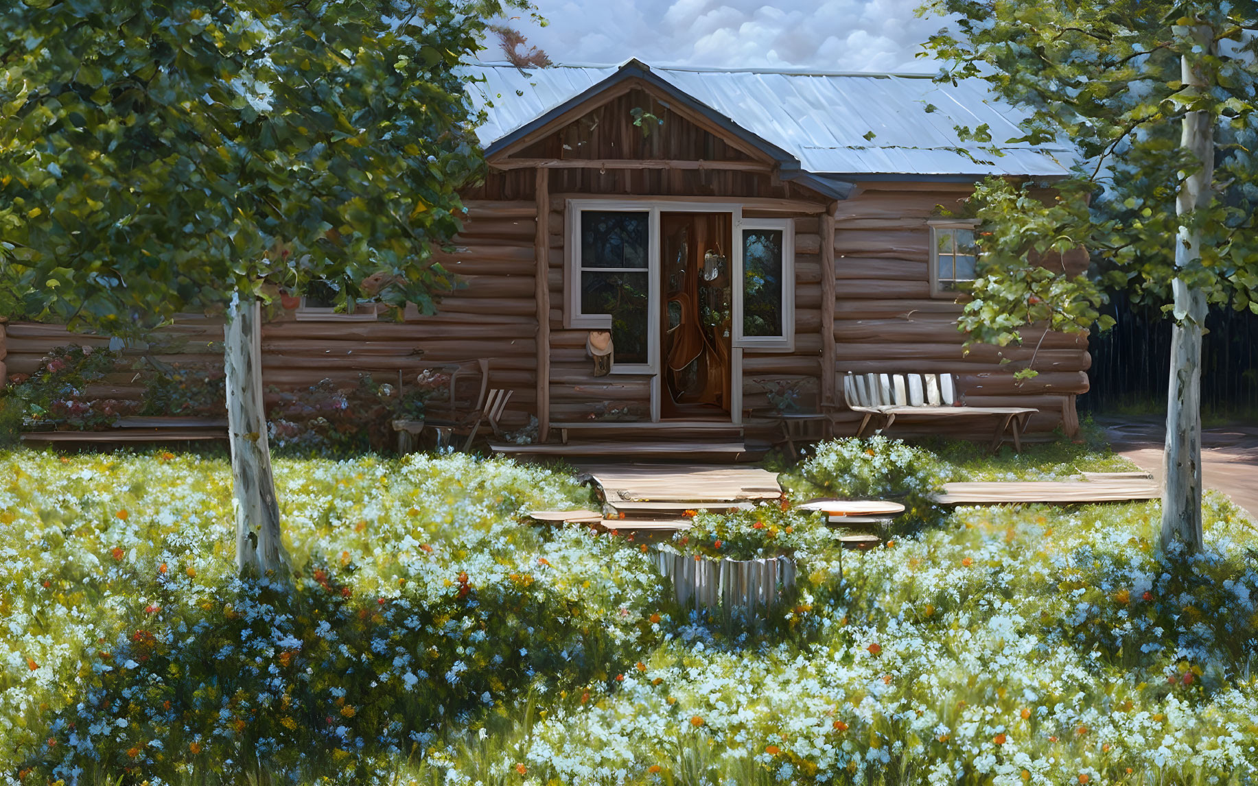 Rustic wooden cabin in flower-filled meadow