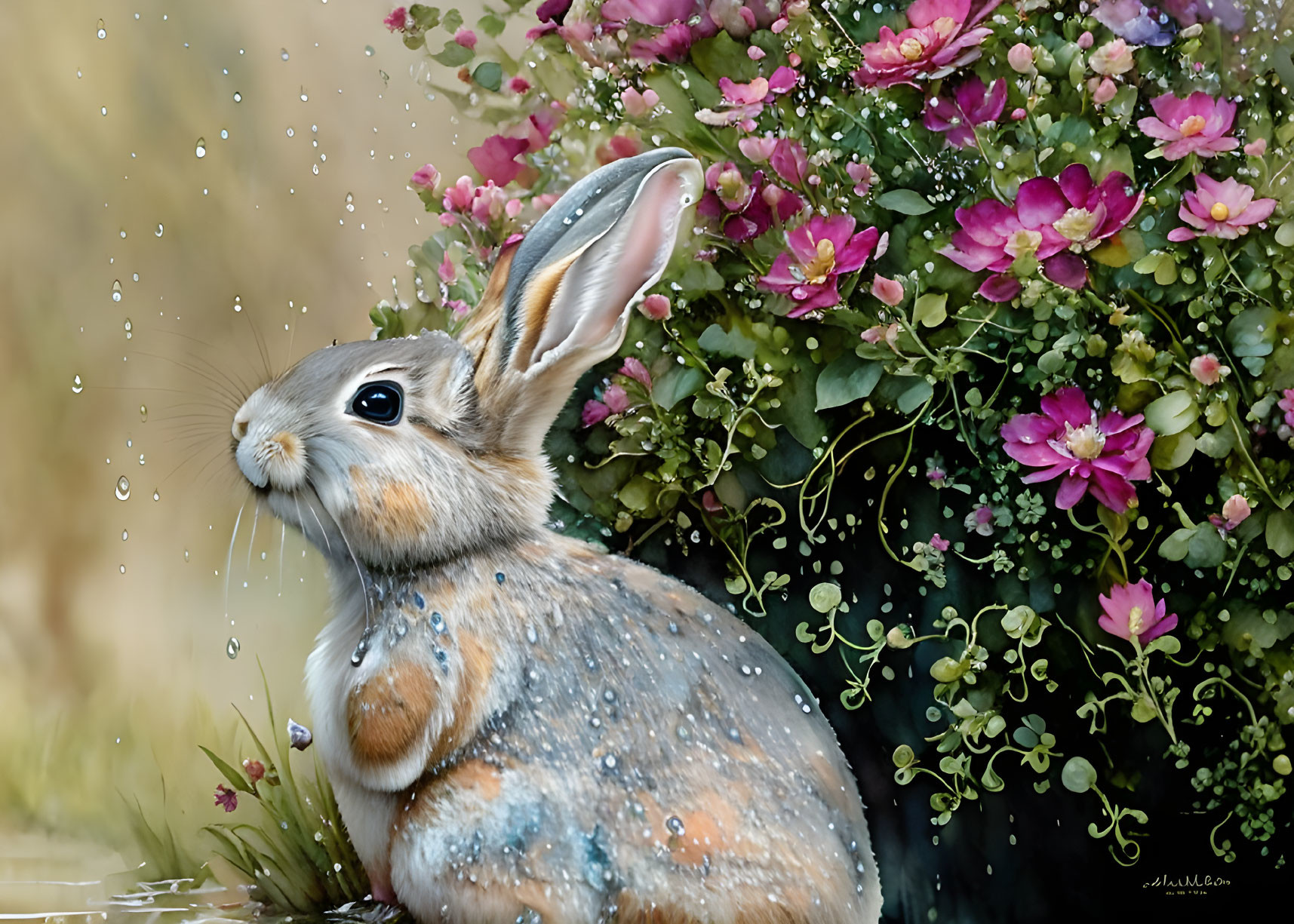 Fluffy rabbit surrounded by colorful flowers and water droplets.