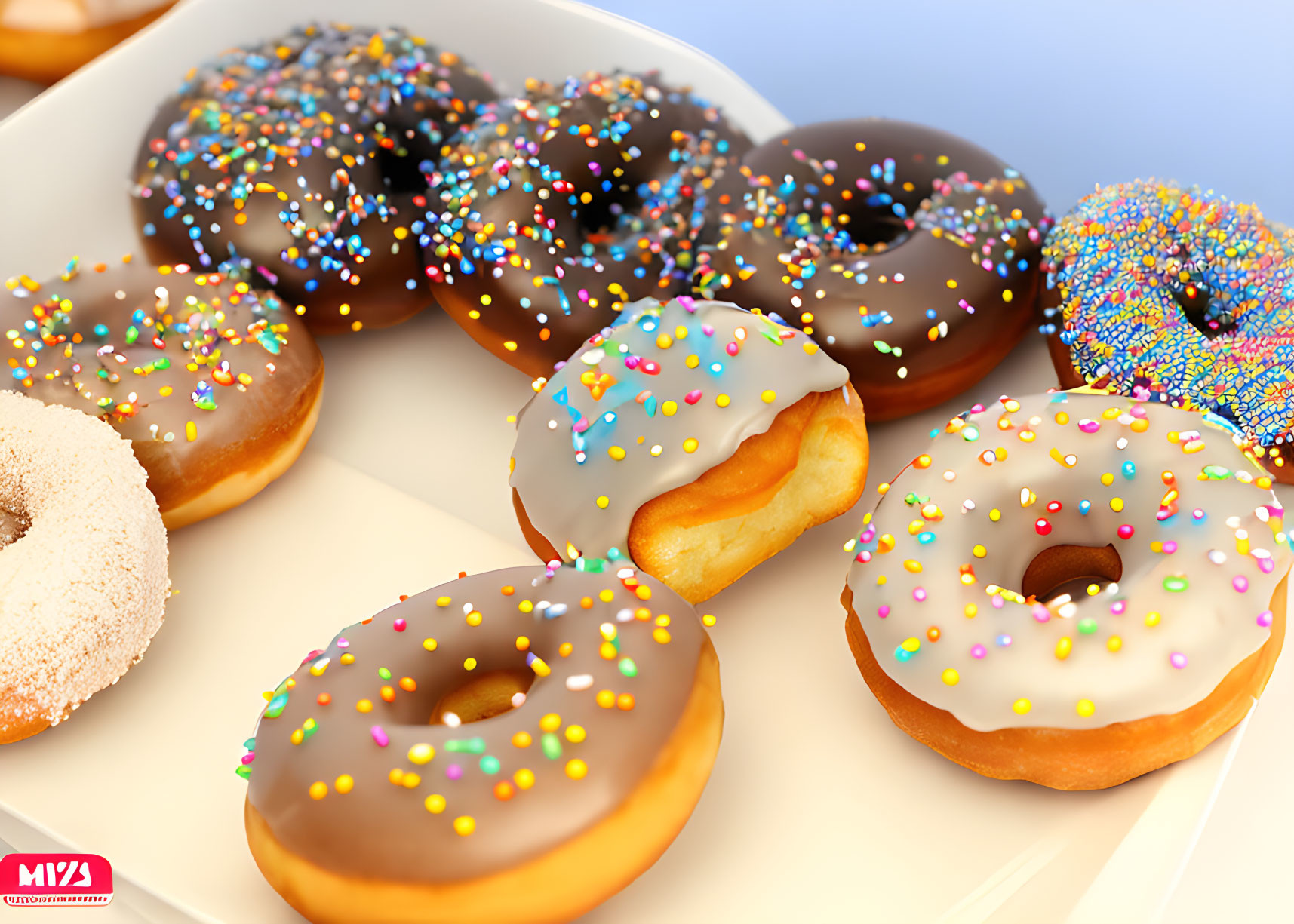 Assorted colorful donuts with frosting and sprinkles on white plate