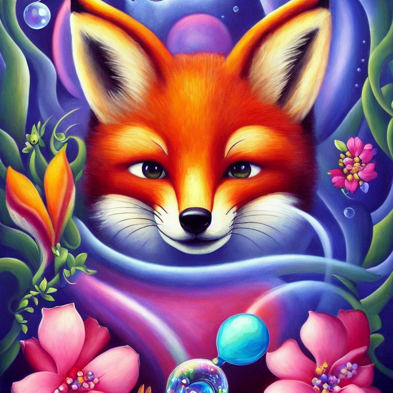 Vibrant whimsical fox surrounded by flowers and bubbles