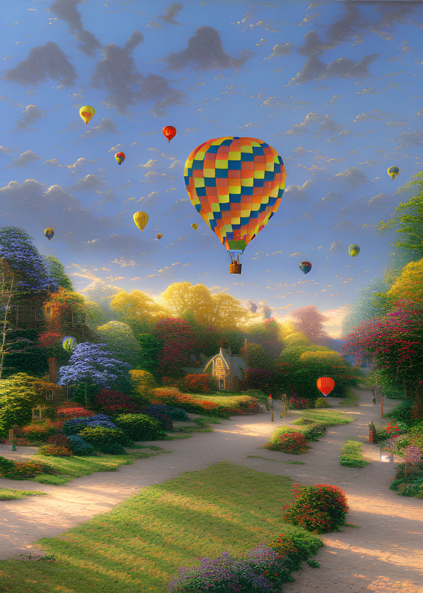 Vibrant hot air balloons over scenic landscape with cottage and flowers