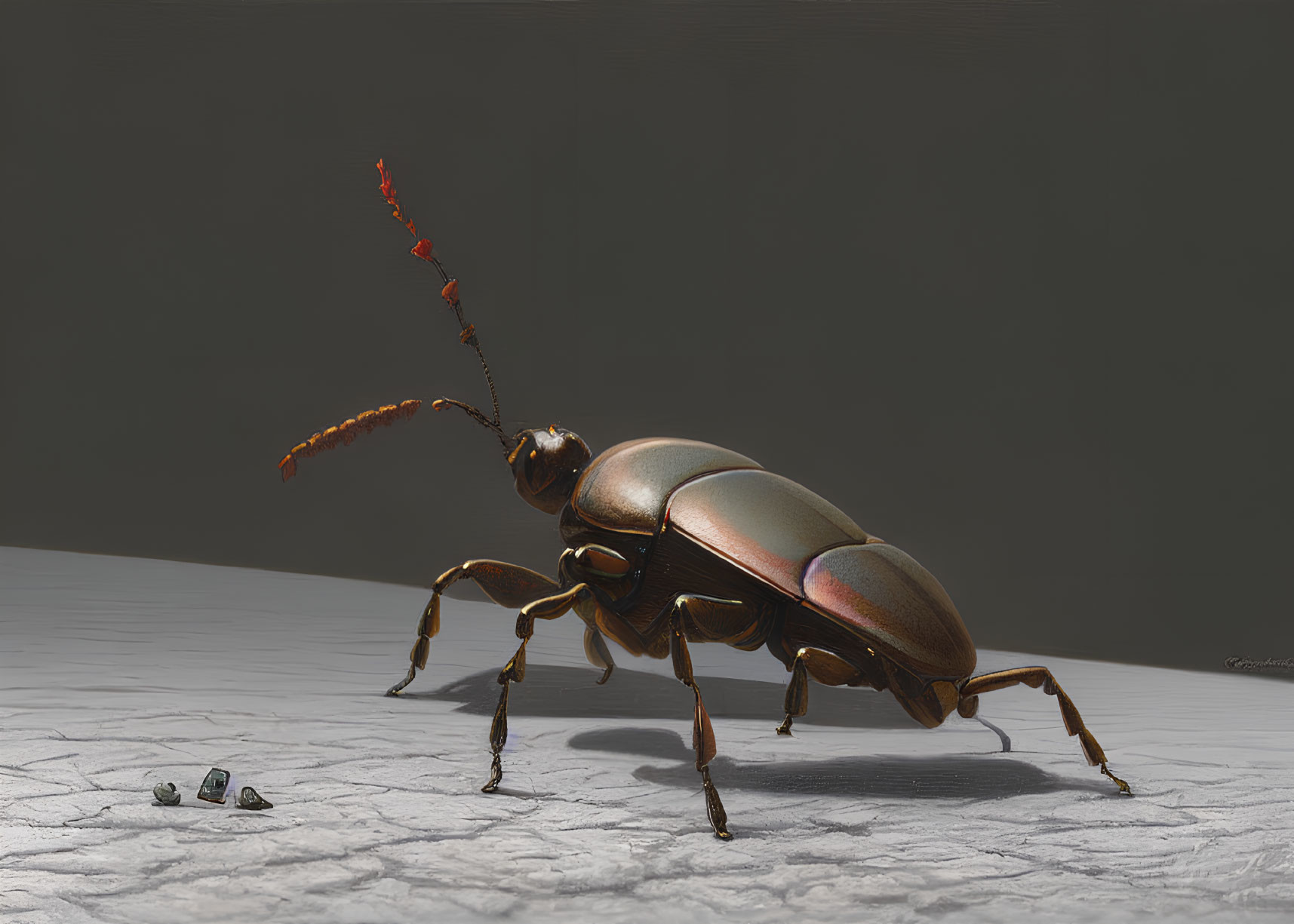 Realistic digital illustration: Large beetle with glossy exoskeleton on textured surface.