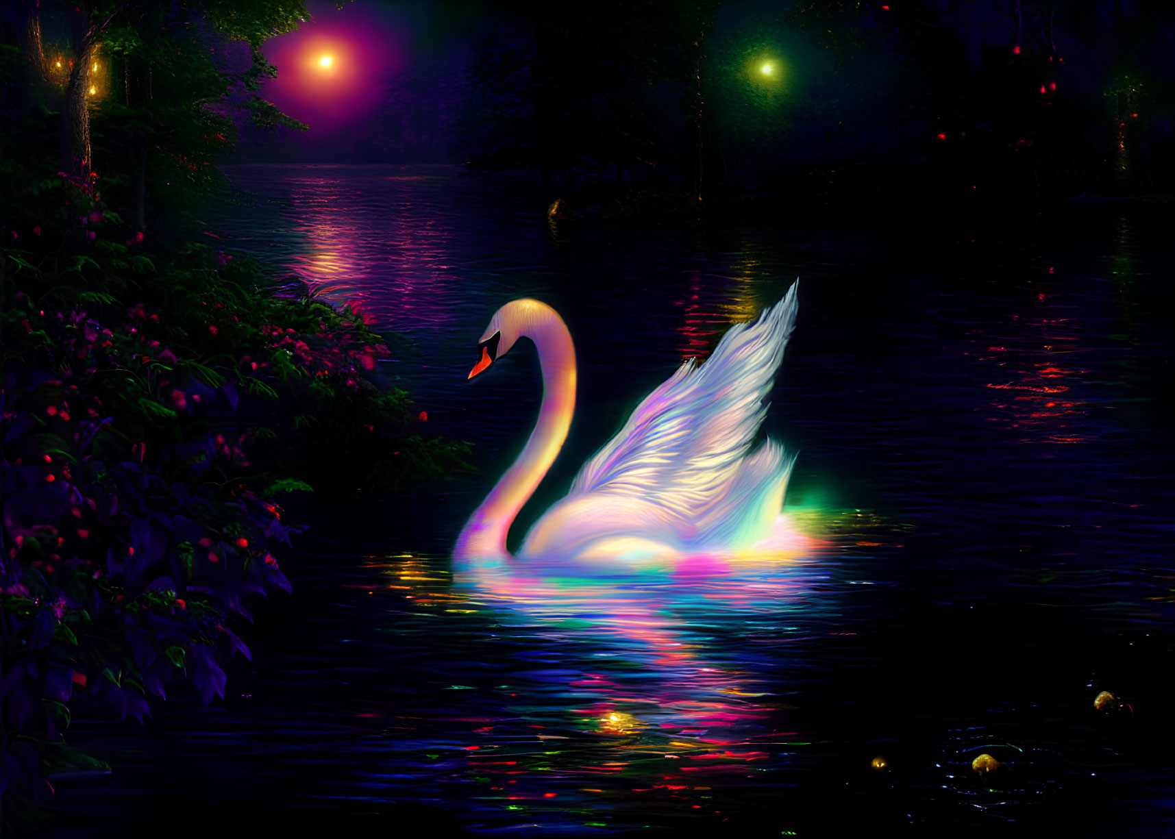 Radiant swan in twilight lake with celestial sky