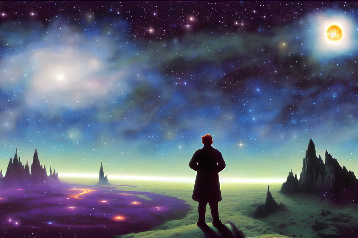 Figure Contemplating Starlit Night Sky and Fantasy Landscape