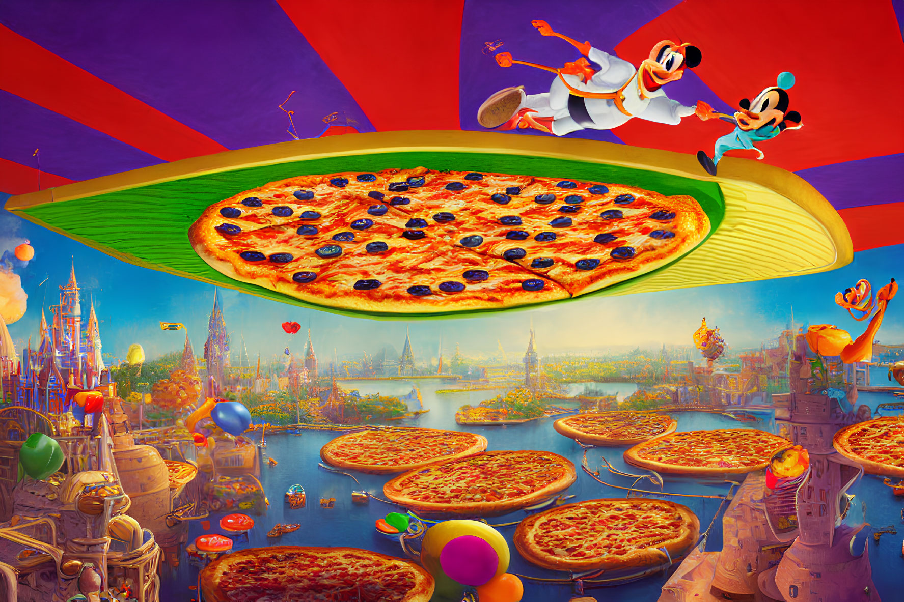 Animated image of Mickey and Goofy surfing on flying pizza slice in fantasy landscape