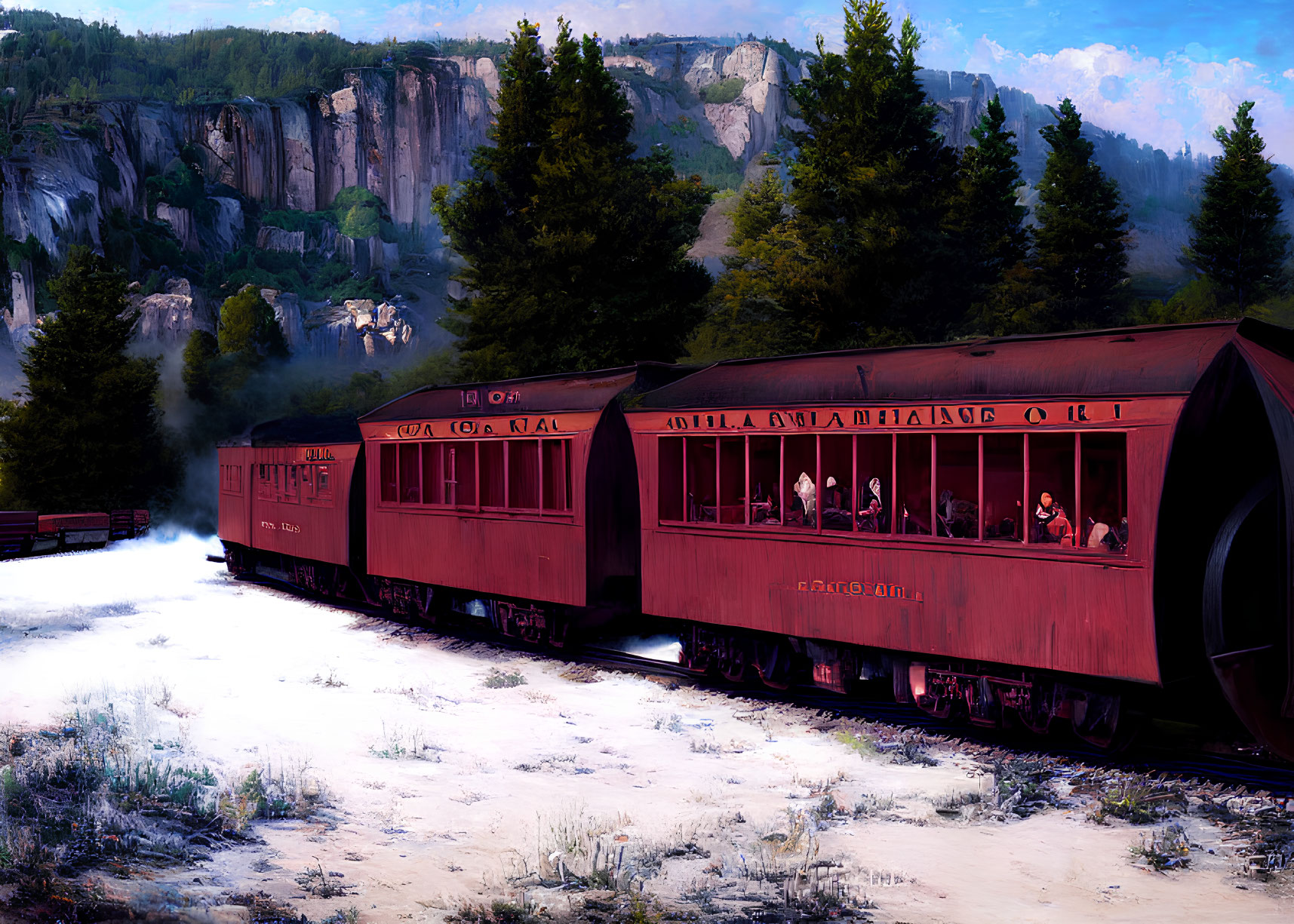 Vintage train with red carriages in rugged landscape scenery.