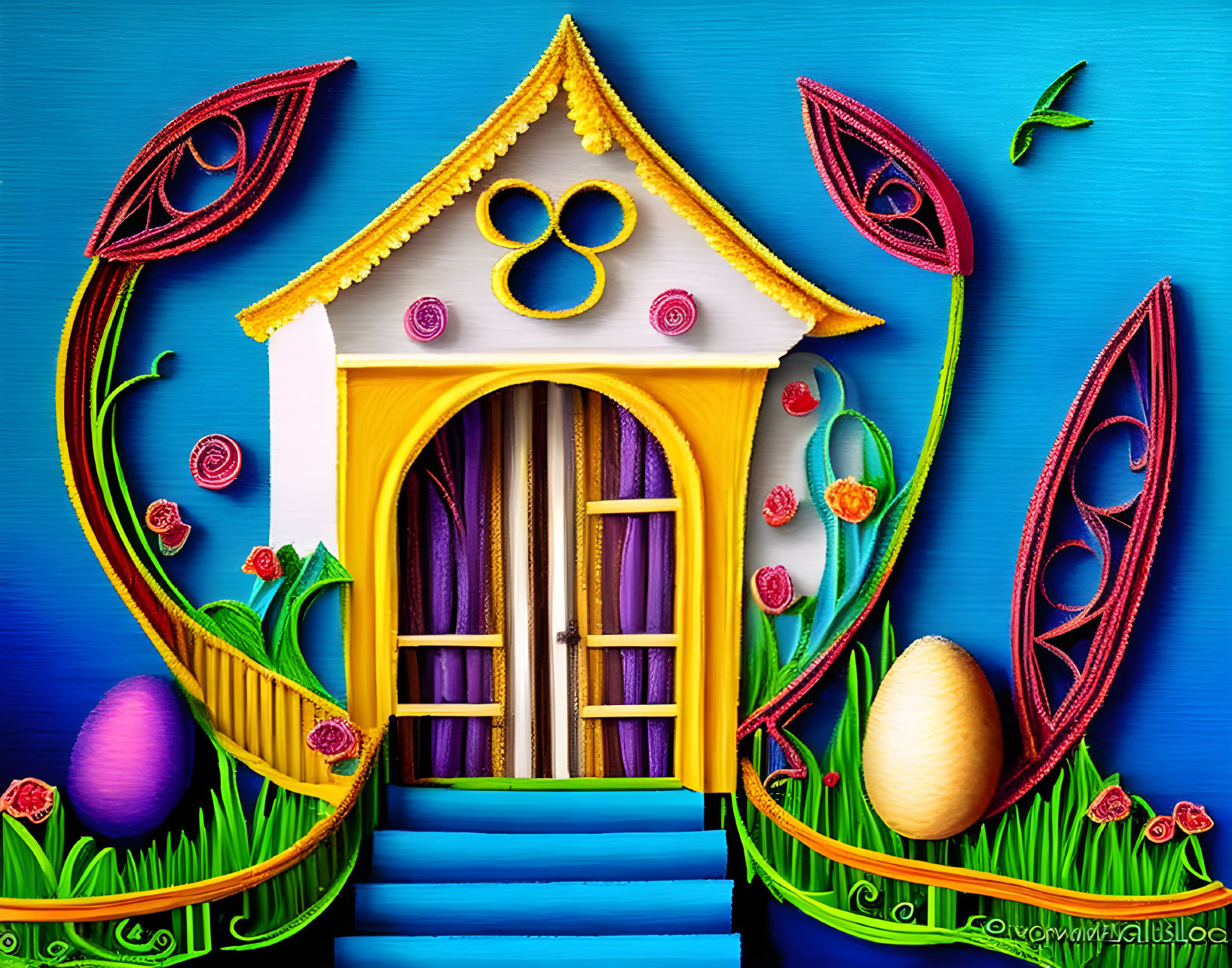 Colorful Artwork: Stylized Fairy-Tale House with Purple Door