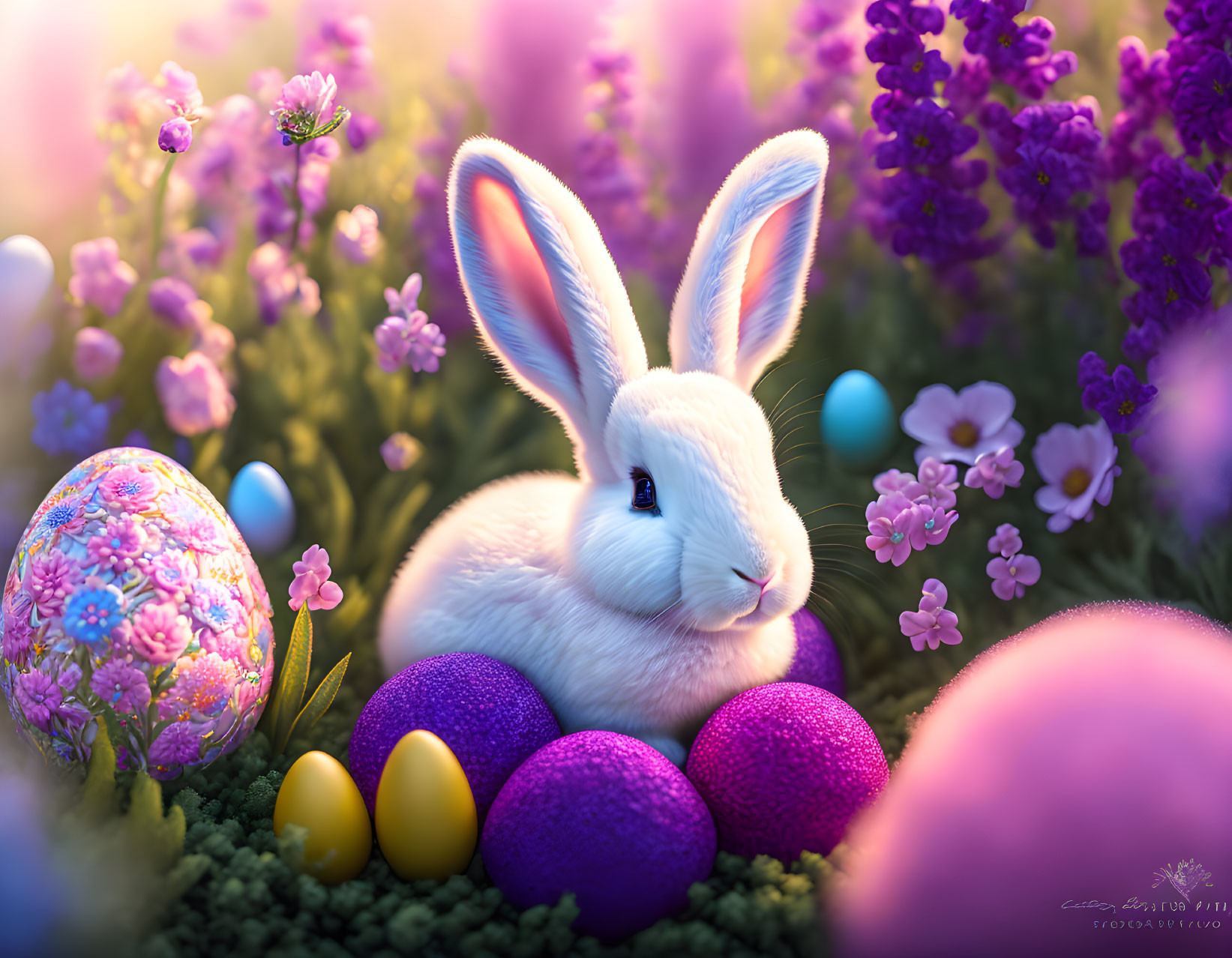 White Rabbit Surrounded by Easter Eggs and Flowers in Meadow