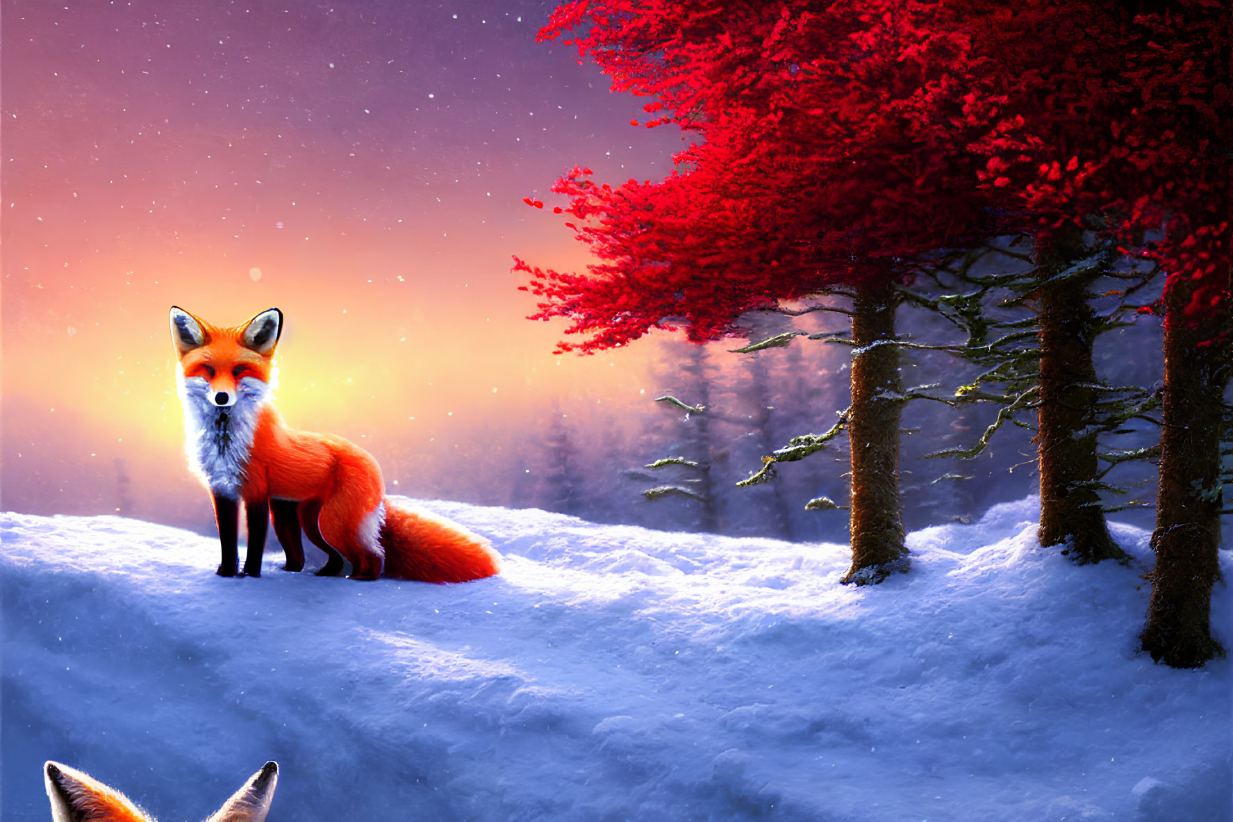 Vibrant fox in snowy landscape at dusk with red-leafed trees & starry sky