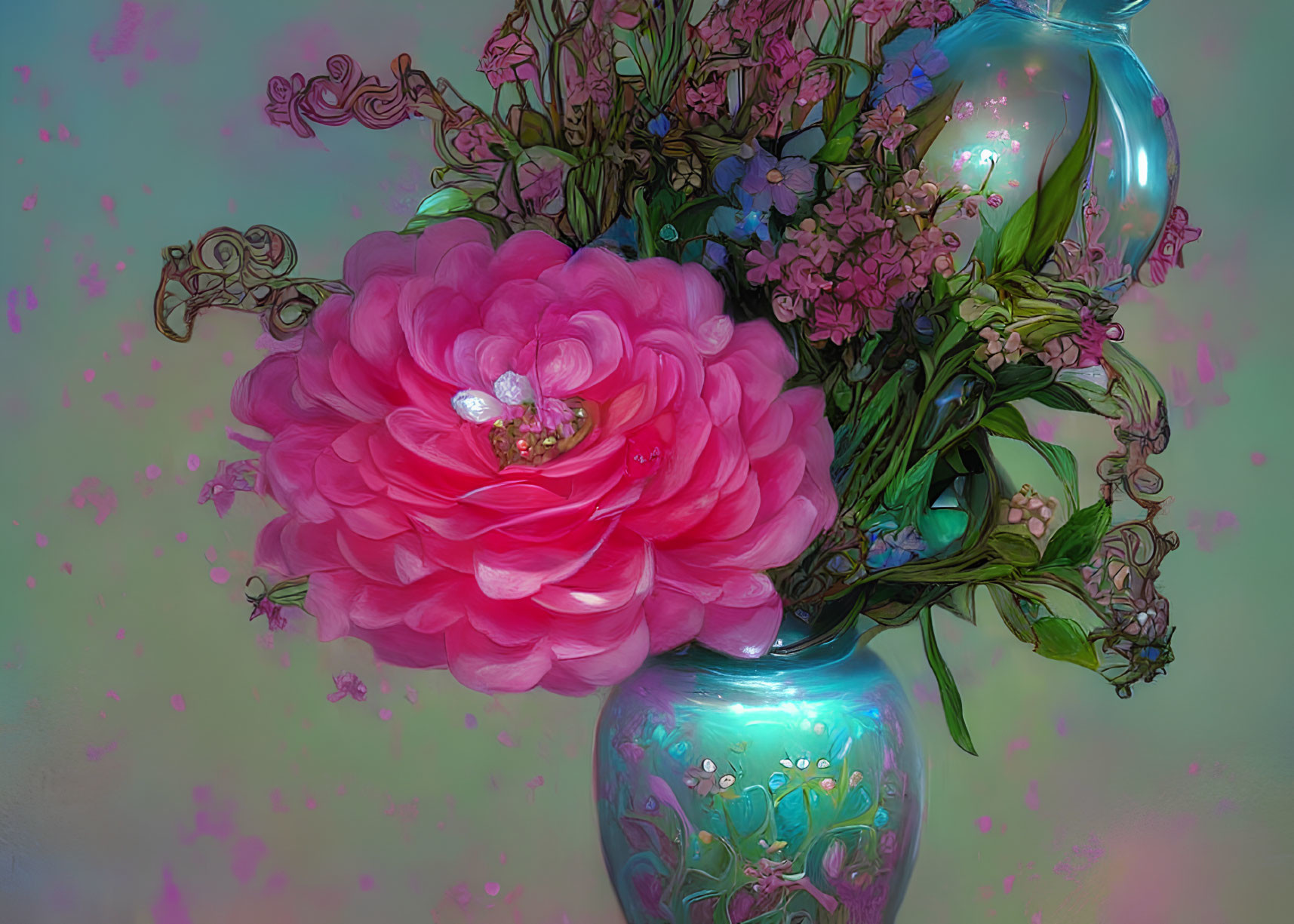 Colorful digital artwork of pink flower in teal vase with ornate details