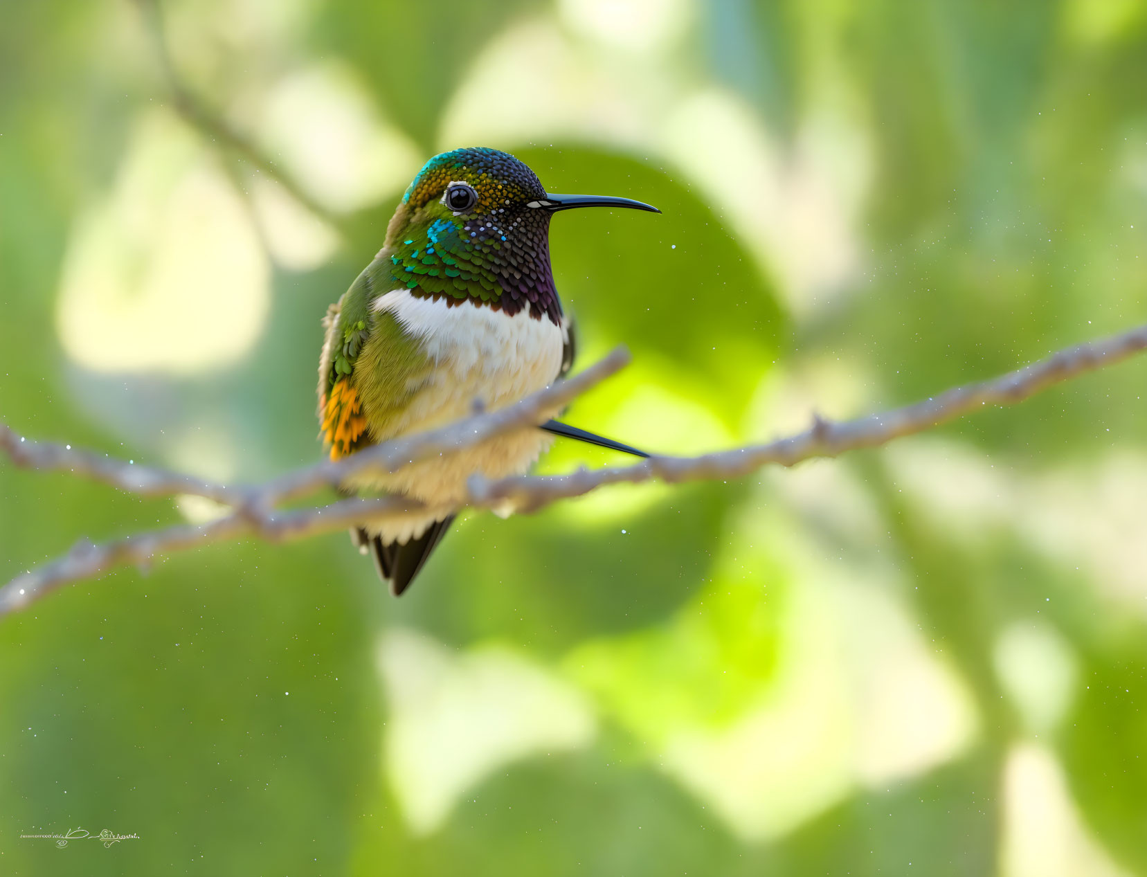 Colorful hummingbird perched on branch with green backdrop