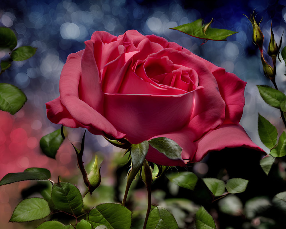 Bright Pink Rose in Full Bloom on Bokeh Background with Green Foliage