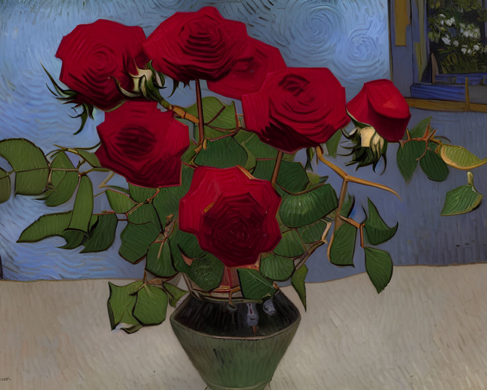 Colorful painting of red roses in green vase with textured brushstrokes on blue background.