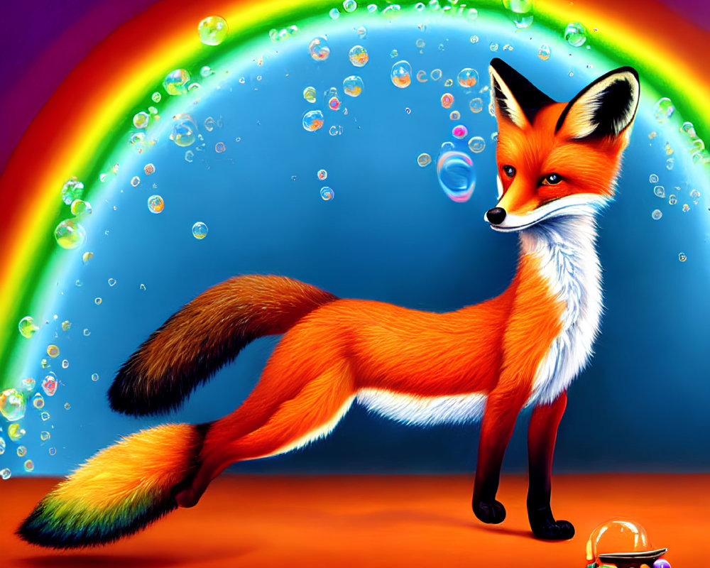 Colorful fox illustration with bushy tail, bubbles, rainbow background, and marbles.