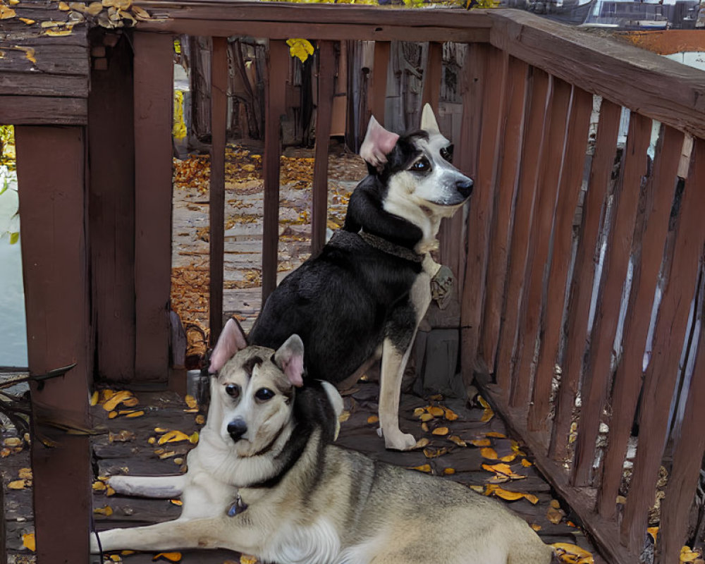 Autumn Scene: Two Dogs on Wooden Deck with Leaves and Yellow Foliage