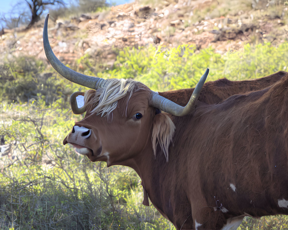 Brown and white Texas Longhorn cow with curved horns in scrubland