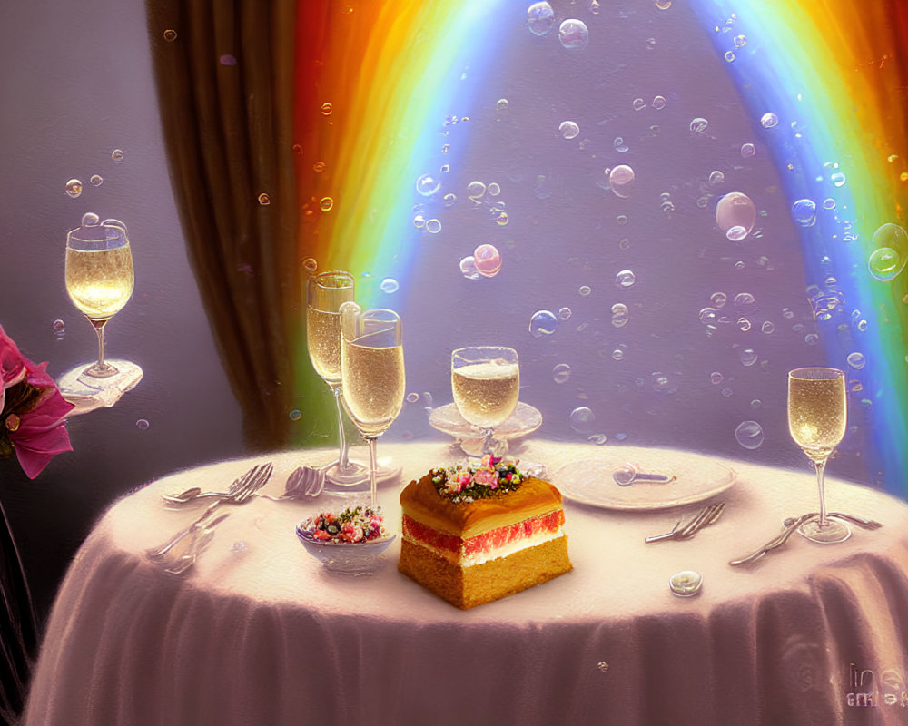 Romantic table setting with champagne glasses, cake, bubbles, and rainbow