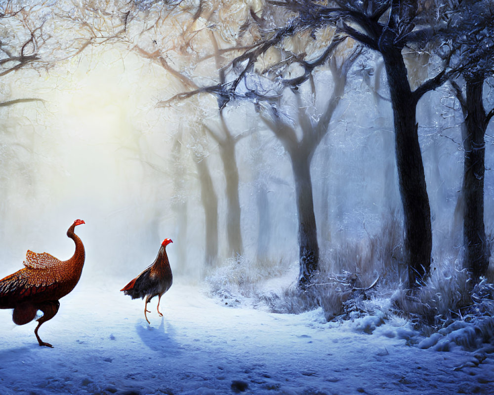 Snowy forest scene with two pheasants and sunrays through mist and trees