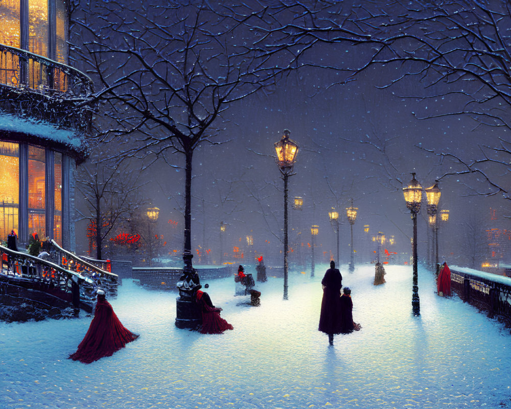 Victorian people stroll in snow-covered park with glowing lamps