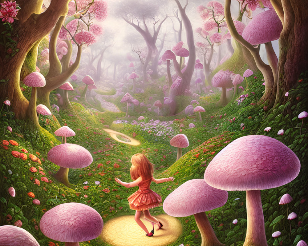Young girl in red dress walking in whimsical forest with oversized mushrooms and blooming trees.