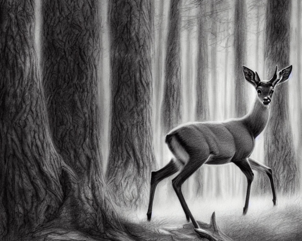 Detailed pencil sketch of deer in dense forest with prominent eyes.