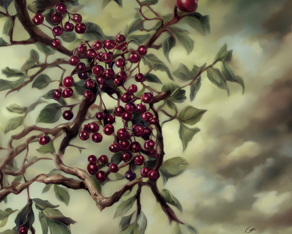 Detailed Painting of Ripe Cherry Tree Branch