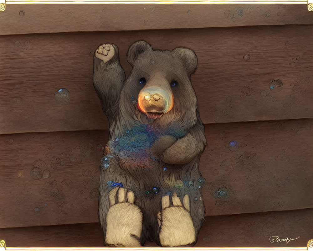 Illustrated bear playing with soap bubbles on wooden background