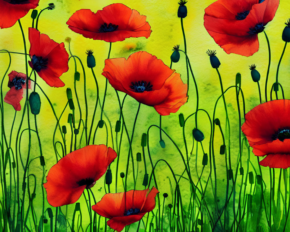 Colorful watercolor painting of red poppies on yellow and green background