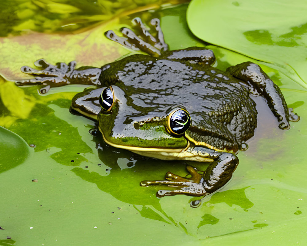 Green frog with yellow eyes on water lily pad in murky pond