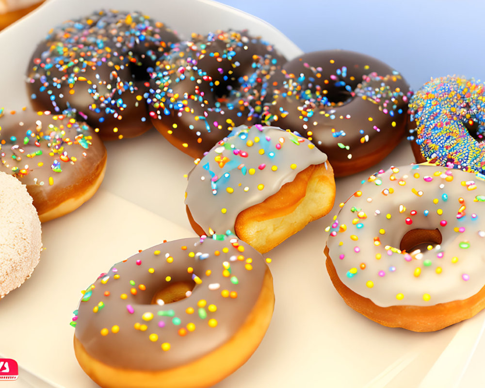 Assorted colorful donuts with frosting and sprinkles on white plate