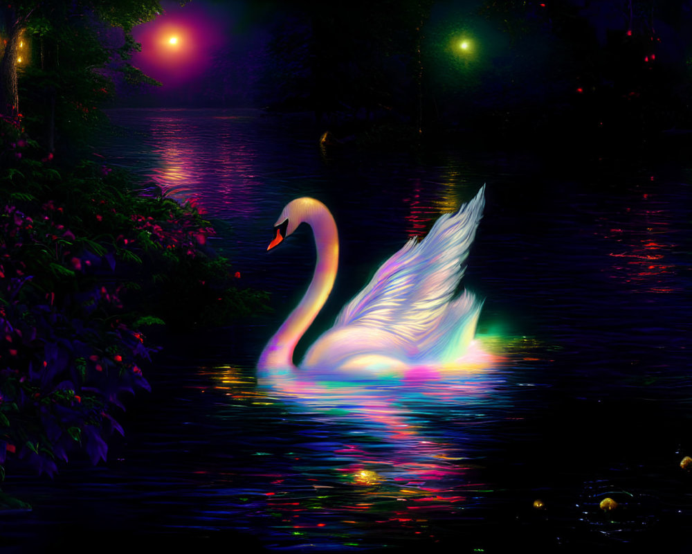 Radiant swan in twilight lake with celestial sky