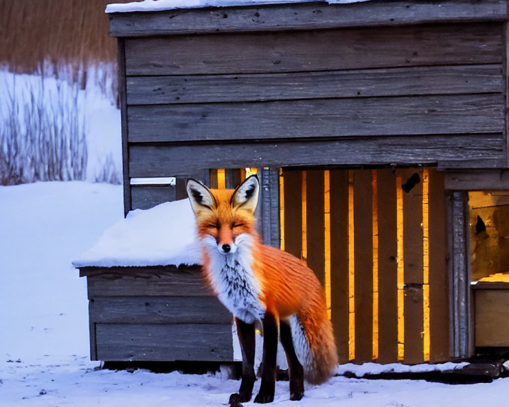 Red Fox Standing Beside Snow-Covered Shelter at Twilight