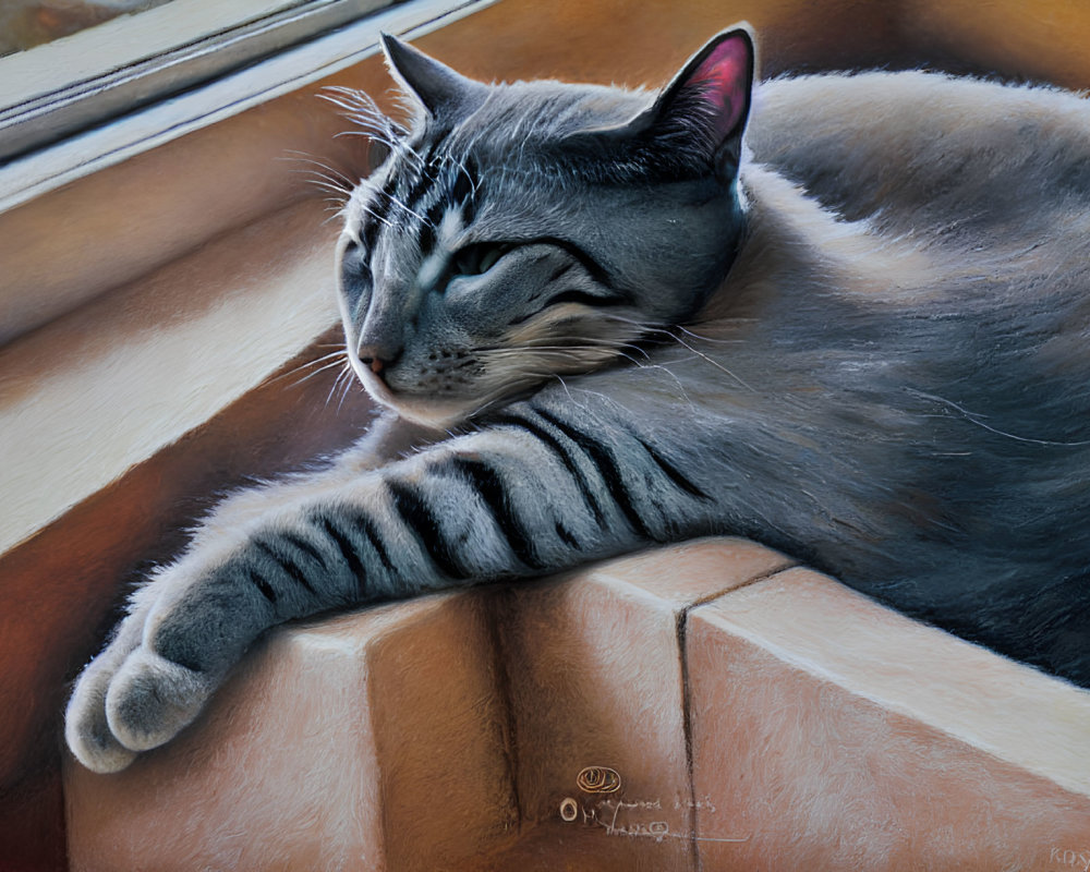 Realistic Grey Tabby Cat Painting on Tan Leather Cushion by Window