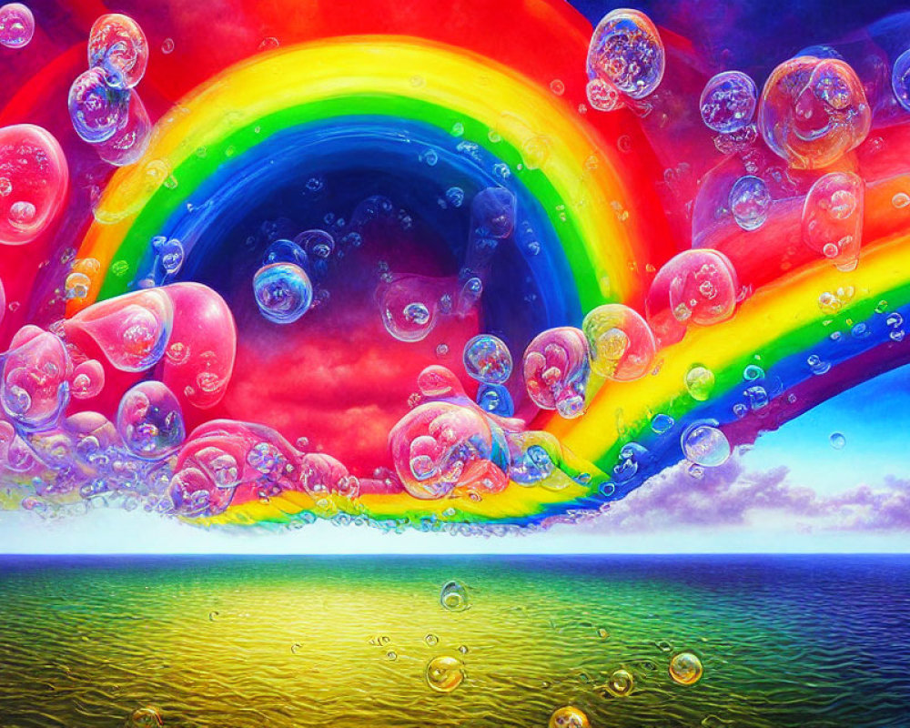 Colorful rainbow over sparkling sea with iridescent bubbles - Painting