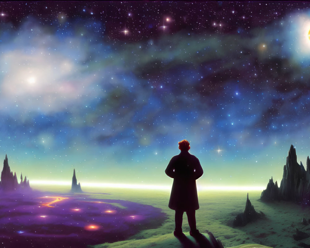 Figure Contemplating Starlit Night Sky and Fantasy Landscape