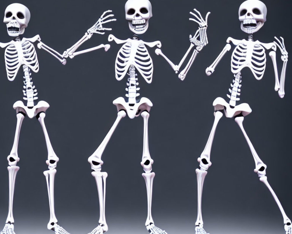 Three cartoon skeletons in playful poses against plain background