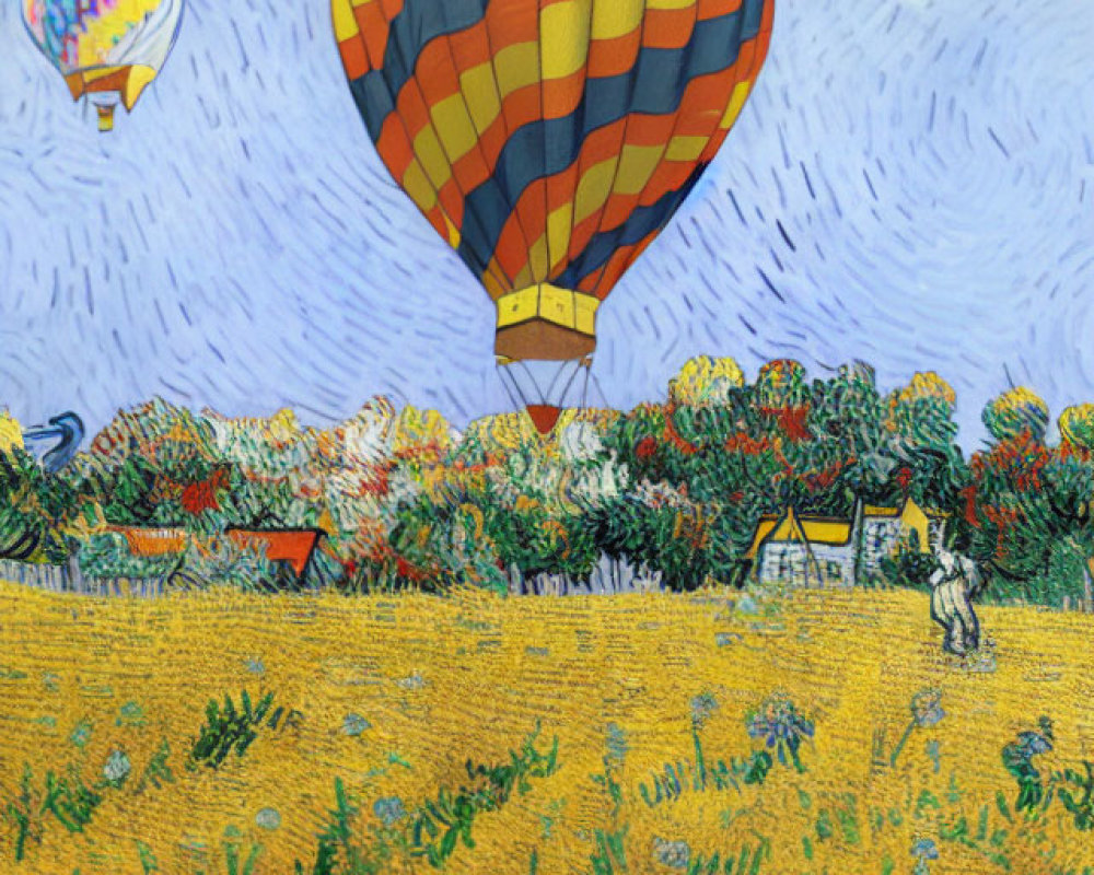 Vibrant landscape with hot air balloons and figure in yellow fields