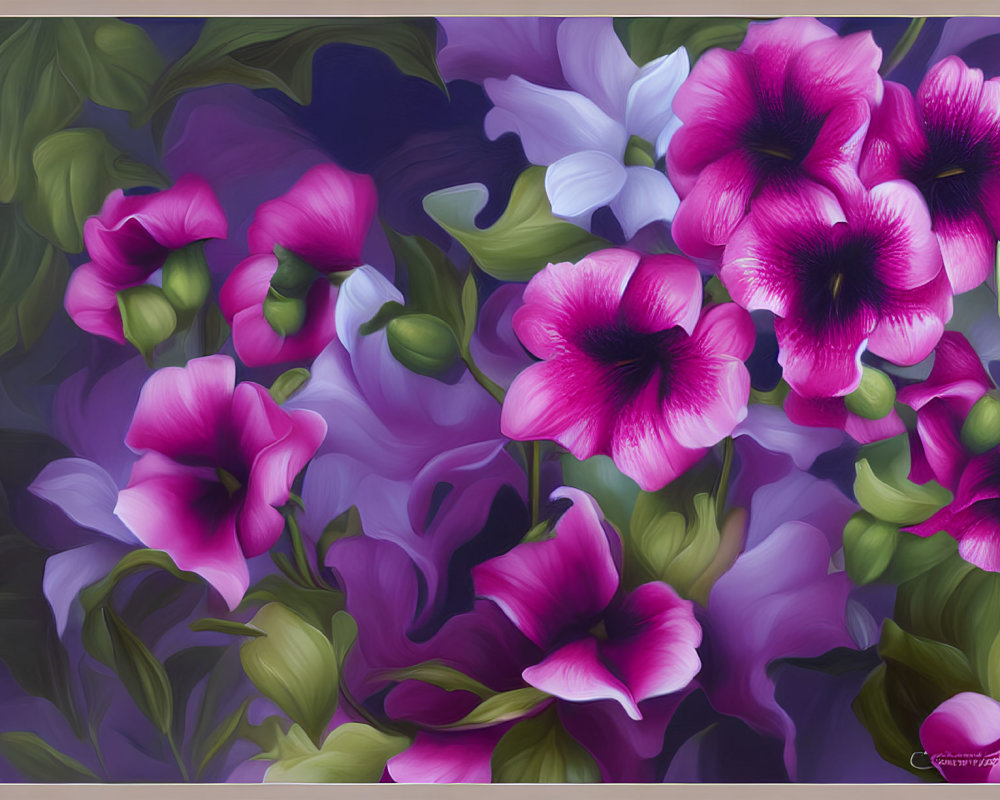 Colorful digital painting of purple and magenta flowers on moody backdrop