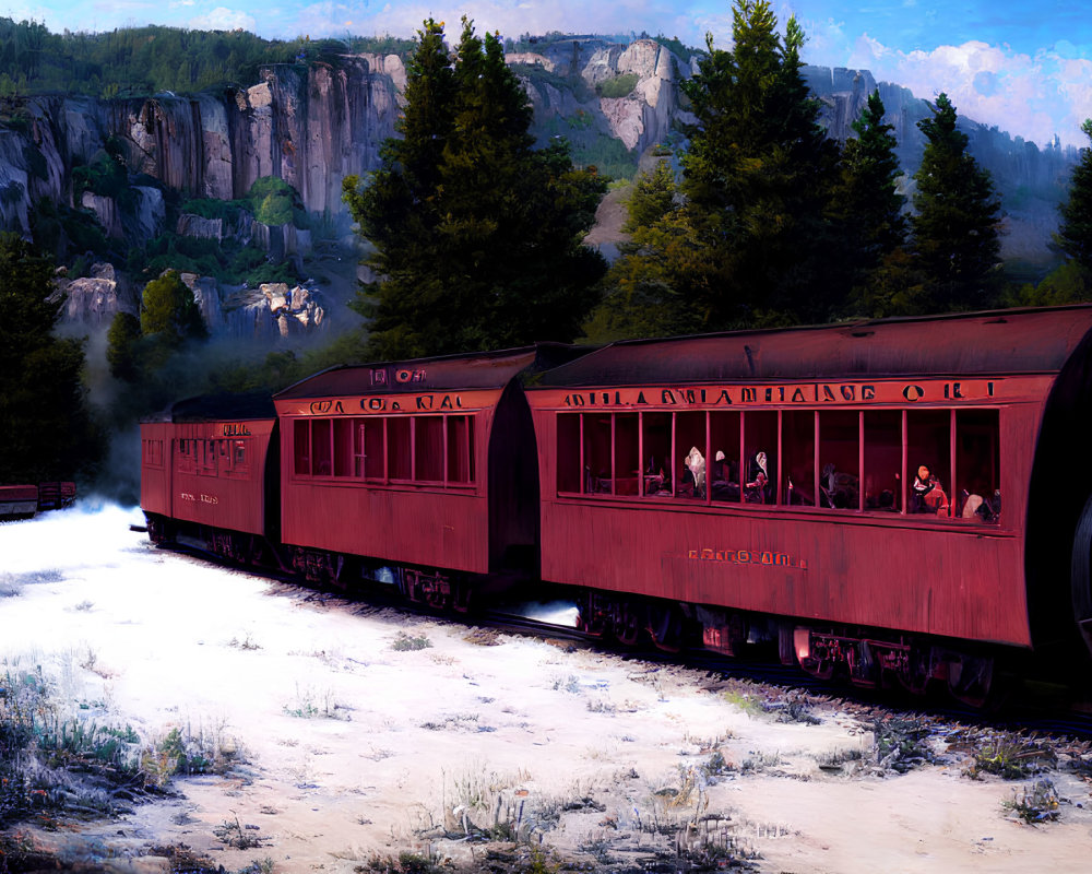 Vintage train with red carriages in rugged landscape scenery.