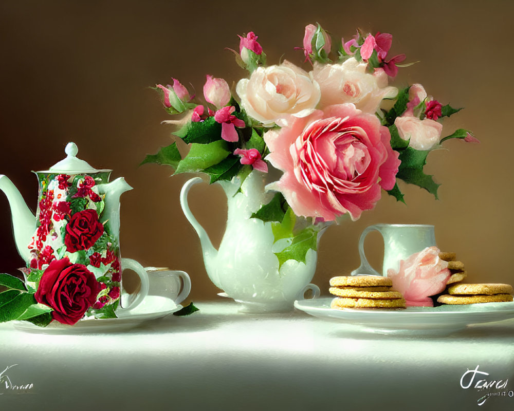 Patterned Teapot, Cup, Saucer, Flowers, and Cookies on Table