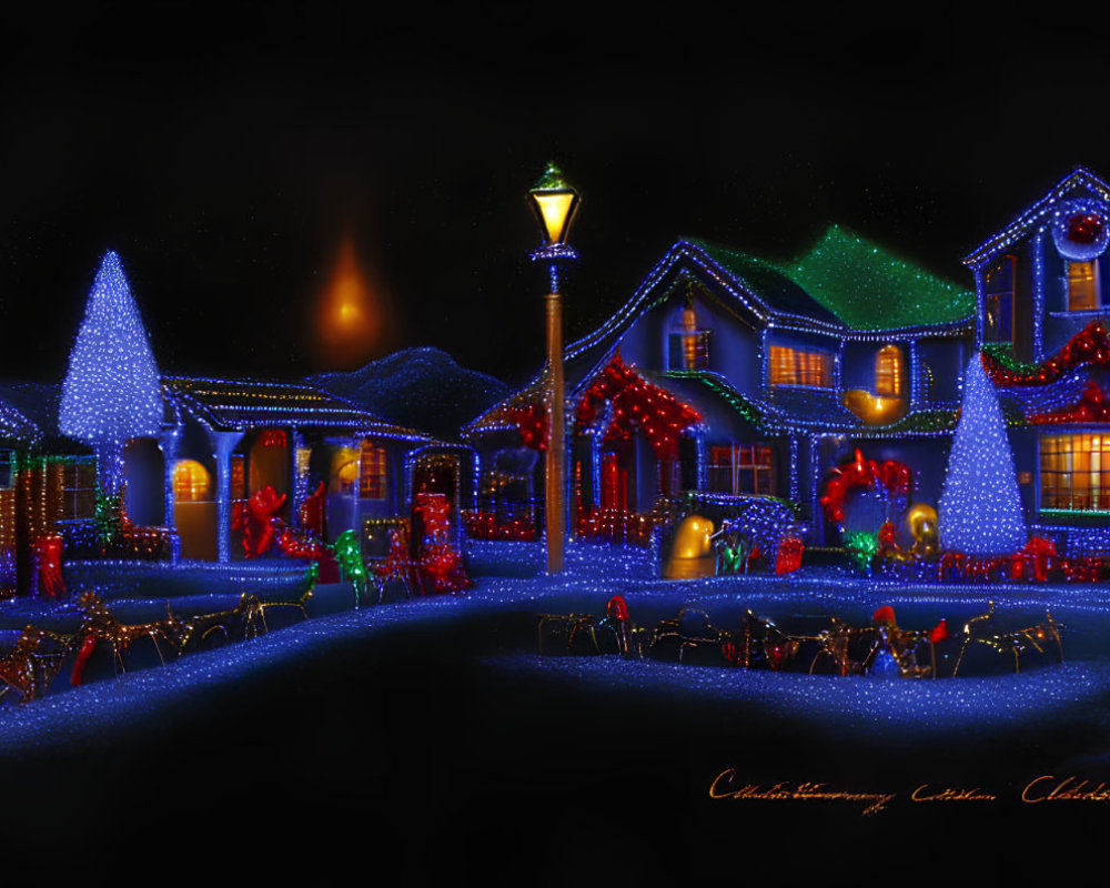 Vibrant Blue and Multicolored Christmas Lights in Nighttime Holiday Scene