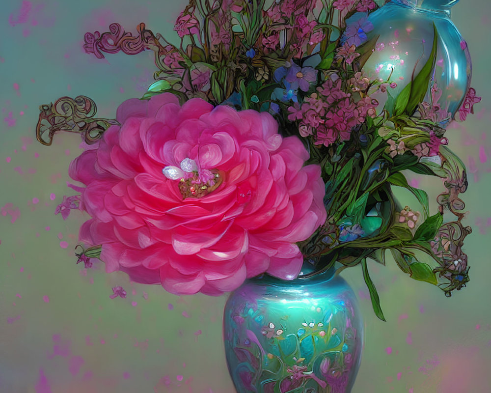 Colorful digital artwork of pink flower in teal vase with ornate details