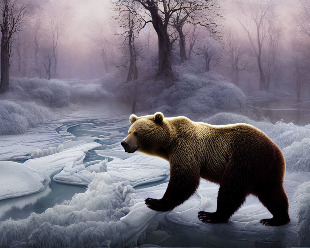 Bear in Frosty Landscape with Frozen Stream