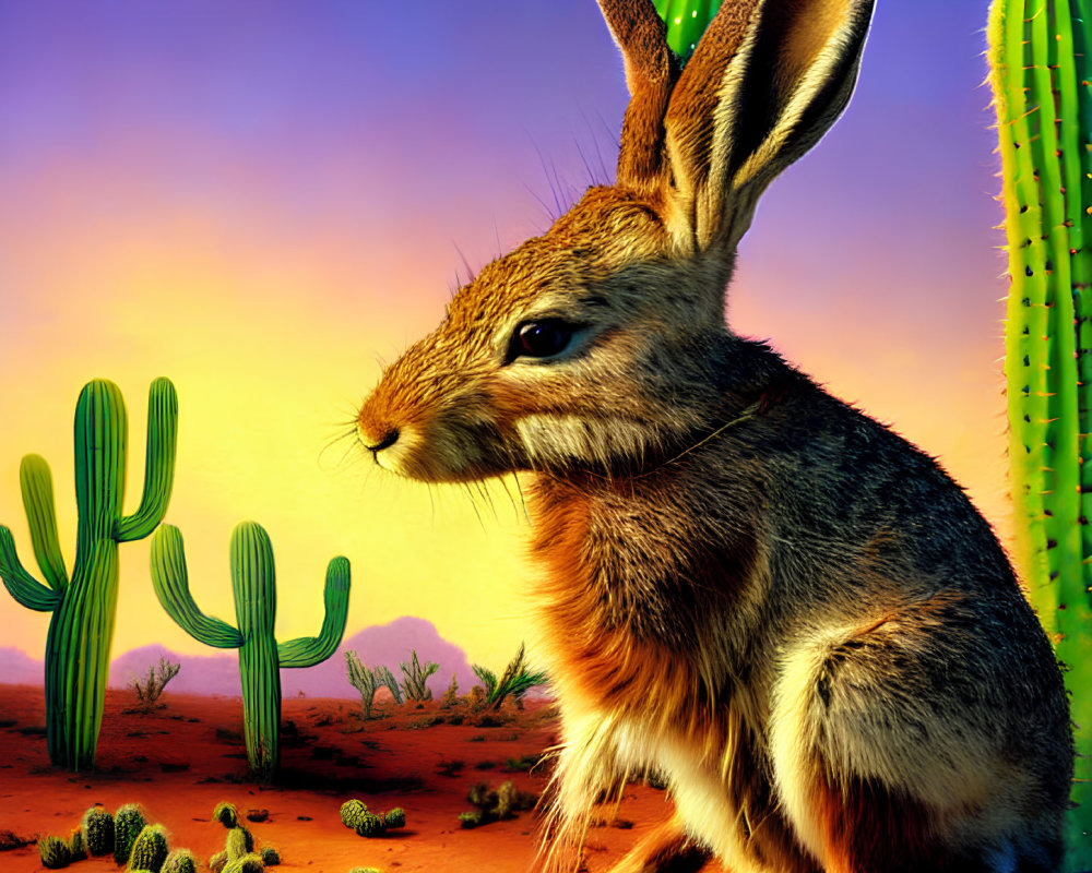 Jackrabbit in desert landscape at sunset with saguaro cacti and prickly pears