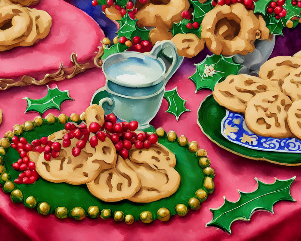 Festive cookies, holly berries, creamer on red cloth