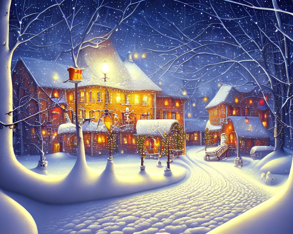 Snow-covered village at night with illuminated houses and street lamps